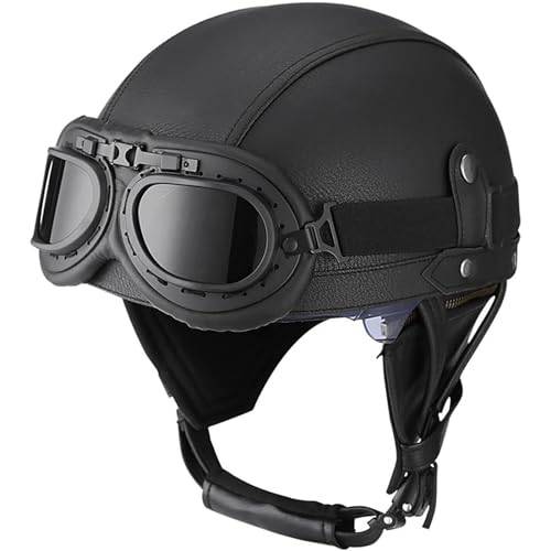 Motorcykelhjälm Open Face Motorcykelhjälm Vuxen DOT ECE-godkänd Läderkrockhjälm Med Glasögon Quick Release Retro Motorcykelhjälm Mopedhjälm(J,M=(57~58cm))