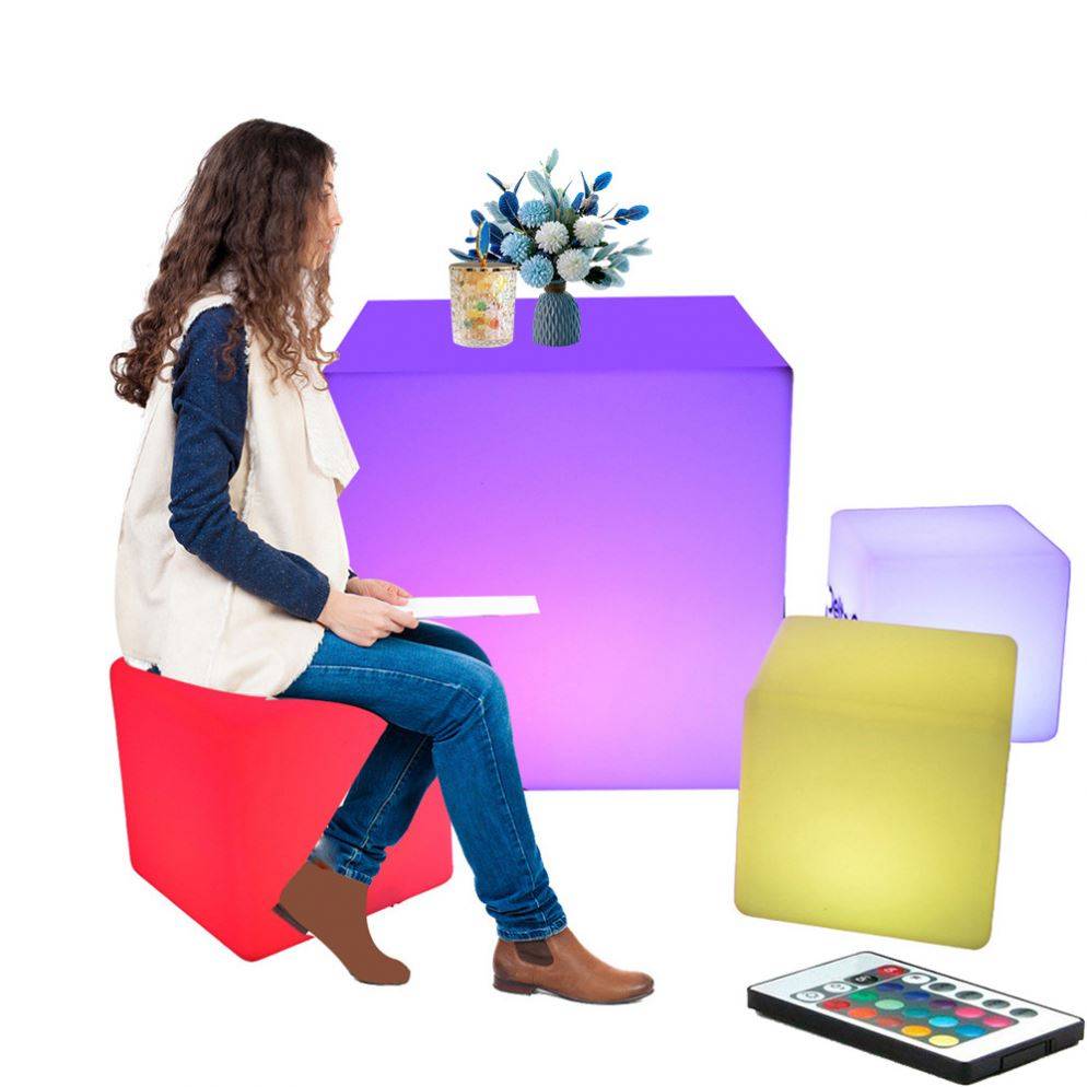 Rechargeable LED Outdoor Patio Furniture Set Modern Cube Design Waterproof Table and Bar Chairs