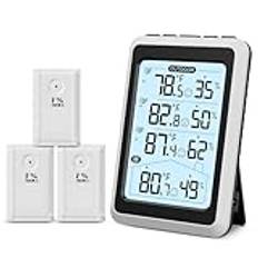 ORIA Termometer, digital hygrometer, trådlös inomhustermometer utomhus med 3 fjärrsensorer, bakgrundsbelyst, komfort-ikon, min/max värde, temperatur- och fuktighetsmätare för hemmet