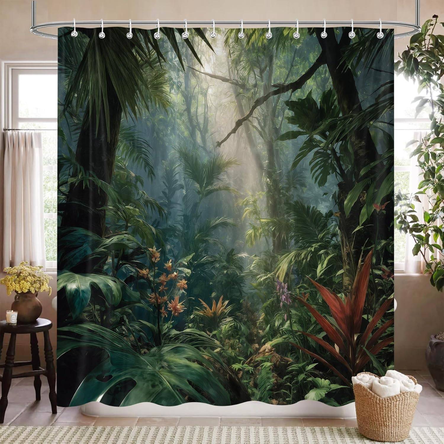 iTapnoom Grön Skog Duschdraperi Vattentät Polyester 72 x 72 Tum med Krokar, Tropisk Regnskog Badrumsinredning