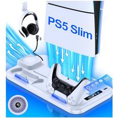 HELLCOOL PS5 Slim Ständer mit PS5 Slim Lüfter, PS5 Slim Standfuß Nur für PS5 Slim Disc/Digital Edition, All-In-One PS5 Slim Zubehör mit PS5 Controller Ladestation/Headset Halterung/15 Spiele Lagerung