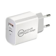 Lynhurtig USB Oplader med to porte. USB-A & USB-C, PD & Q.C3.0. 20W.