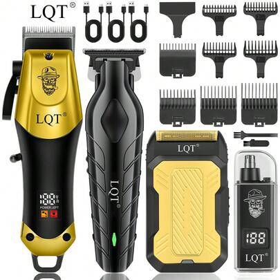 LQT Professionellt Herrklippningskit - 1/2/3/4-delars set, Mini Sladdlös Hårklippare, USB-laddningsbar Trimmer, Öron-/Näshårstrimmer & Rakapparat, Läm - Guld (3 st,2 st,4 st,1 st)