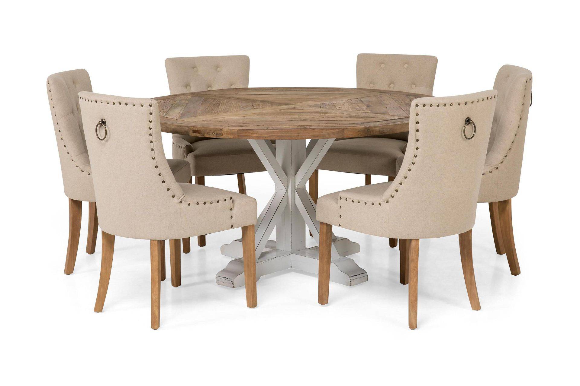 Lyon Matgrupp Ø150 cm Rund med 6 st Viktoria Stolar - Vintage Natur / Vit Beige Vit,Brun Bloomington