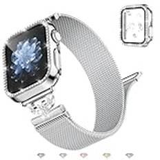 Metallarmband kompatibelt med Apple Watch 44 mm, 45 mm, 42 mm, 41 mm, 40 mm, 38 mm, diamantskärmskydd för Apple Watch 44 mm, magnetiskt milanesiskt armband för iWatch 9 SE 8, 7, 6, 5, 4, 3, 2, 1