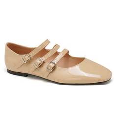 Girls' Triple Strap Mary Jane Flats â Glossy Ballet Shoes With Buckle Detail For Everyday Elegance - Beige - EUR36,EUR37,EUR38,EUR39,EUR40,EUR41