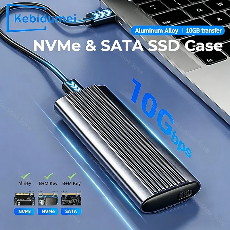 KEBIDUMEI M.2 NVMe SATA SSD Enclosure Dual Portocol NVMe to USB Adapter 10Gbps USB 3.1 Gen2 USB C External Case Box for PC Case