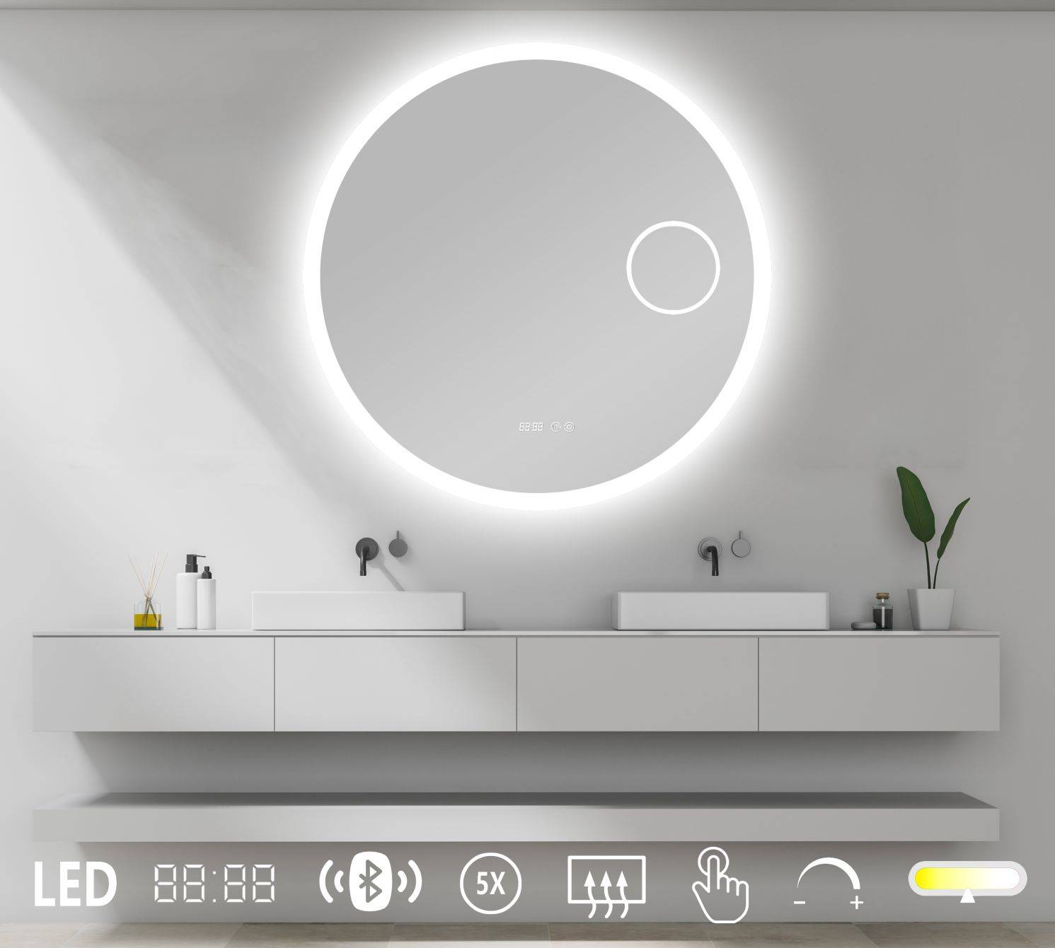 NY Sandra 7 Spejl med LED lys - kosmetikspejl - antidamp - bluetooth - farveskift - ur Ø90 cm