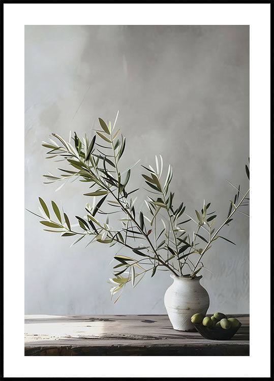 Olive Branch on Wooden Table Still Life Poster (21x30cm) - Plakater > Botaniska Posters, BD