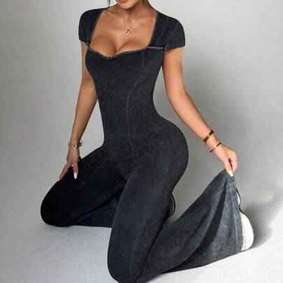 1 st kvinnors sömlösa tvättade matta hjärtformade krage fjärilsärmar bantning yogaövning dans gymnastik jumpsuit utsvängda byxor - Svart (L,M,S)