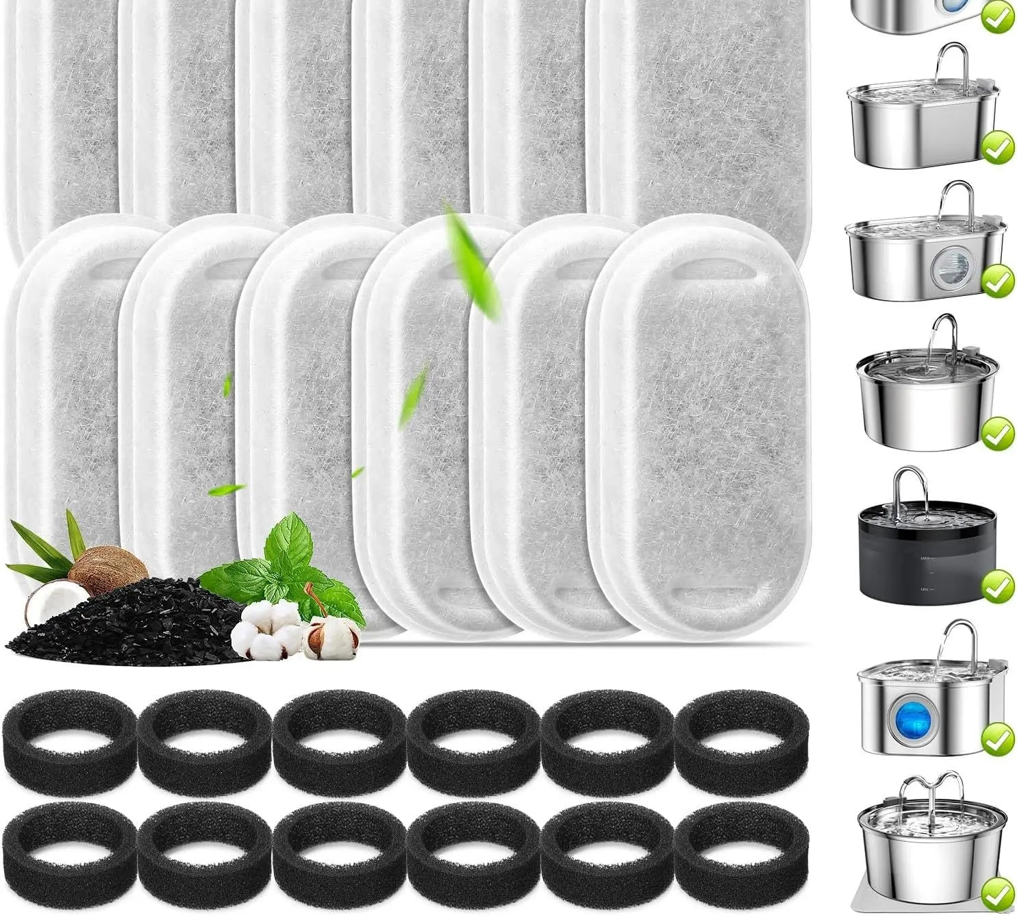 Replacement Filters and Sponges for Pet Water Fountains - Compatible with 2L and 3.2L Models - 12 Filters 12 Sponge / Box Packaging (Box Packaging)