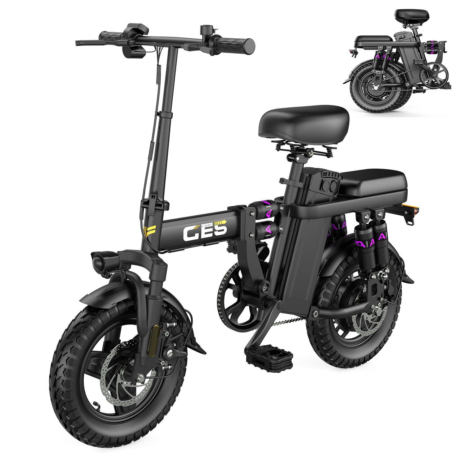 SUPER GE5 Adult Electric Bike 20MPH 500W Motor 48V15Ah Battery City Commuting E-Bike 14'' Tire Foldable Adults Electric Bicycle GE5 500W svart