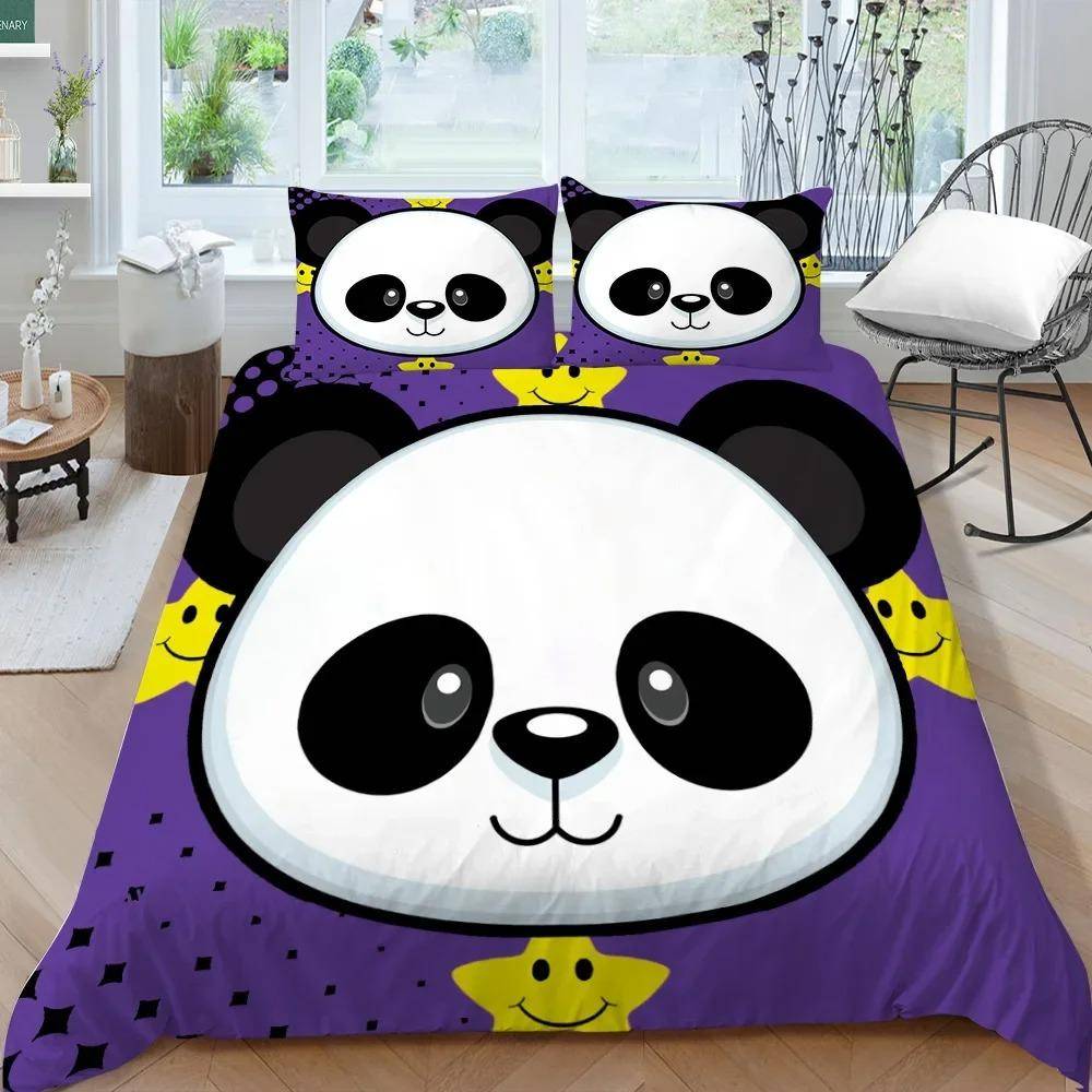 Panda Sängkläder Set för Barn Pojkar Flickor Söt Tecknad Jättepanda Påslakanset KingQueen Storlek Gul Mjuk Polyester Täcke AU Single 140x210cm