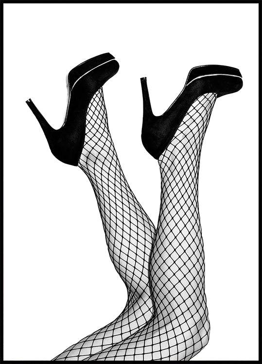 Fishnet Heels Poster (21x30cm) - Plakater > Fotografiska Posters, Svart och Vit Posters, Modeposters, BD, LANGFIX