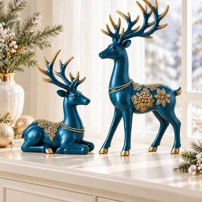 1 st renfigurin i harts, blå staty med guldbeklädda horn, lyxig juldekoration med hjort, elegant nordisk heminredning, modern djurskulptur, juldekorat - Multi-color