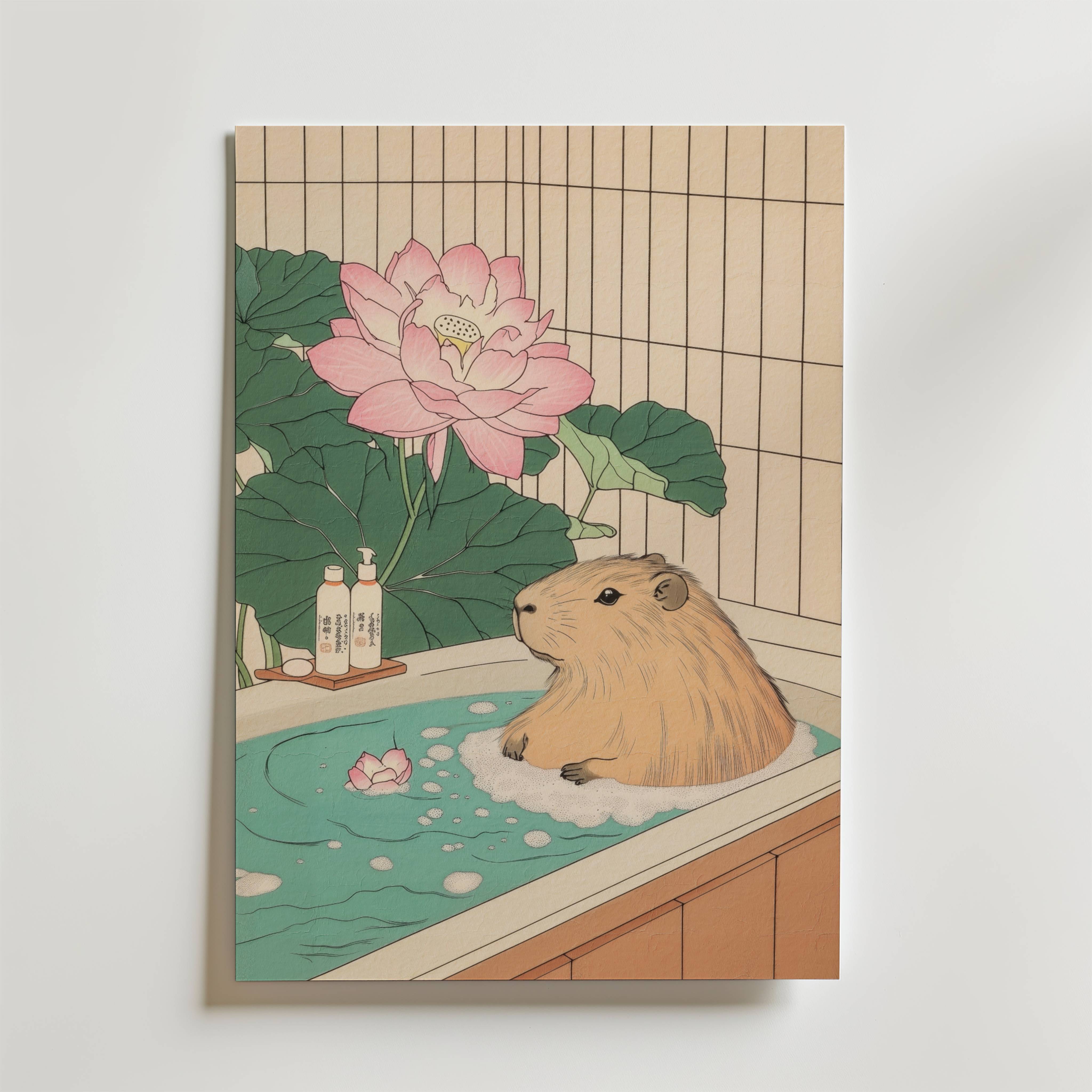 Capybara In Lotus Bath Poster - Premium Canvas 100x140 cm