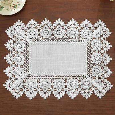 100% polyester vintage cottage bordslöpare-set med råbeige linnebas, all-around mini-daisy med vågig spetskant, neutral ljus ton, bordsduk-kombination - Vitt (42*42 cm,33*43 cm,42*182 cm,42*112 cm,42*219 cm,42*151 cm,42*90 cm)