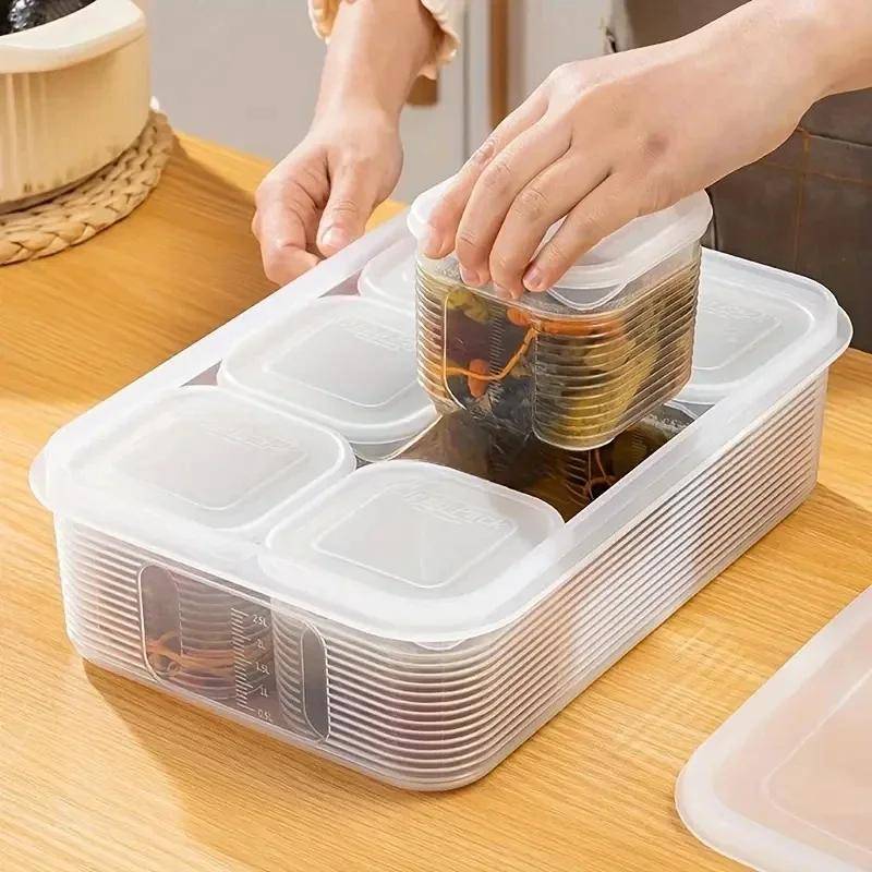 Stapelbar plastbehållare med 6 fack och lock för livsmedelsförvaring och färskhållning vit