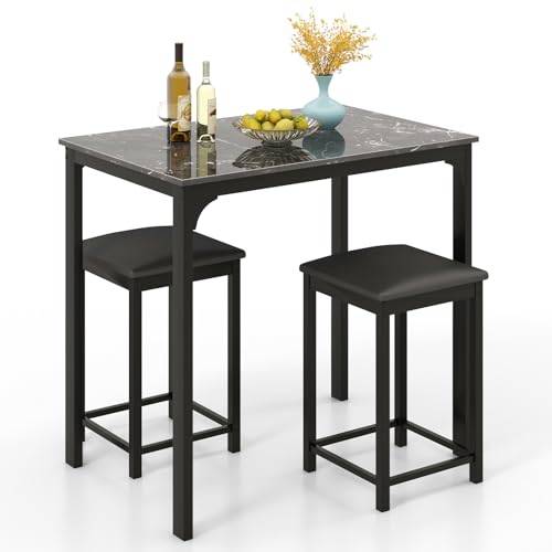 GIANTEX Kök högt bord och 2 pall, 3-delad matplats set för 2 personer, modernt barbord, marmor imitation finish, stående matsal för bistro, vardagsrum (svart)