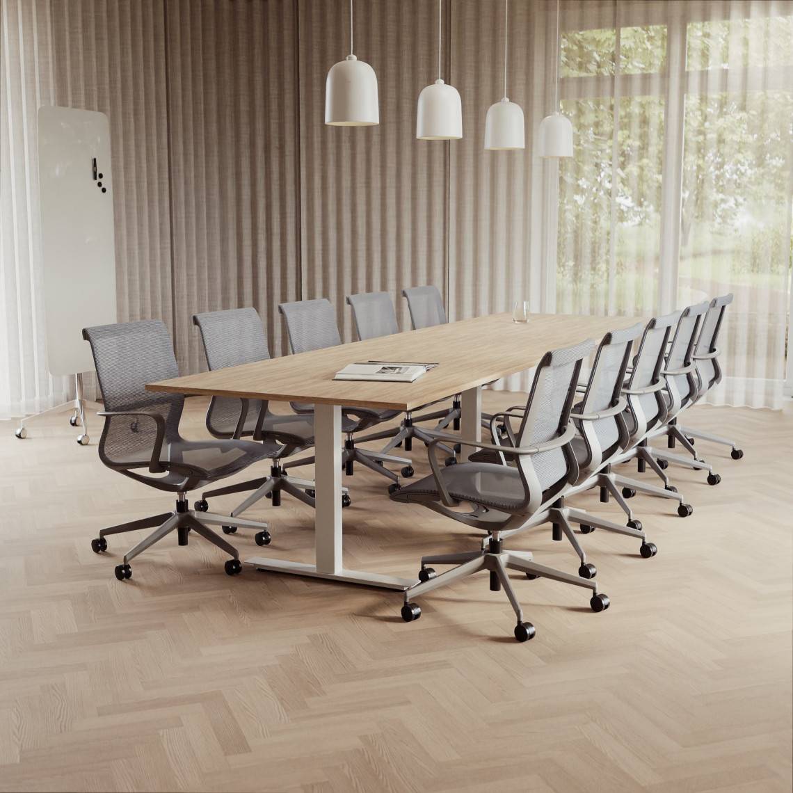 Konferensgrupp Modul + Ergo 285, Storlek 10 platser (360 cm), Bordsskiva Ek, Underrede Vit, Stol Grå
