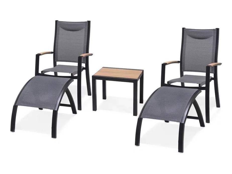 Lifestyle Garden Panama caféset Svart/grå/trälook 2 stapelstolar, 2 fotpallar & bord 50x50 cm