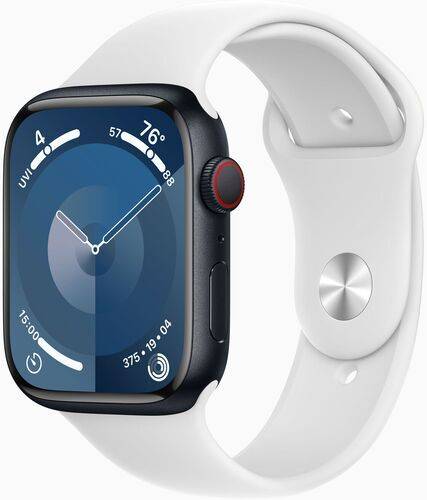 Apple Watch Series 9 Aluminium 45 mm (2023) | GPS + Cellular | Midnatt | Sportband vit S/M