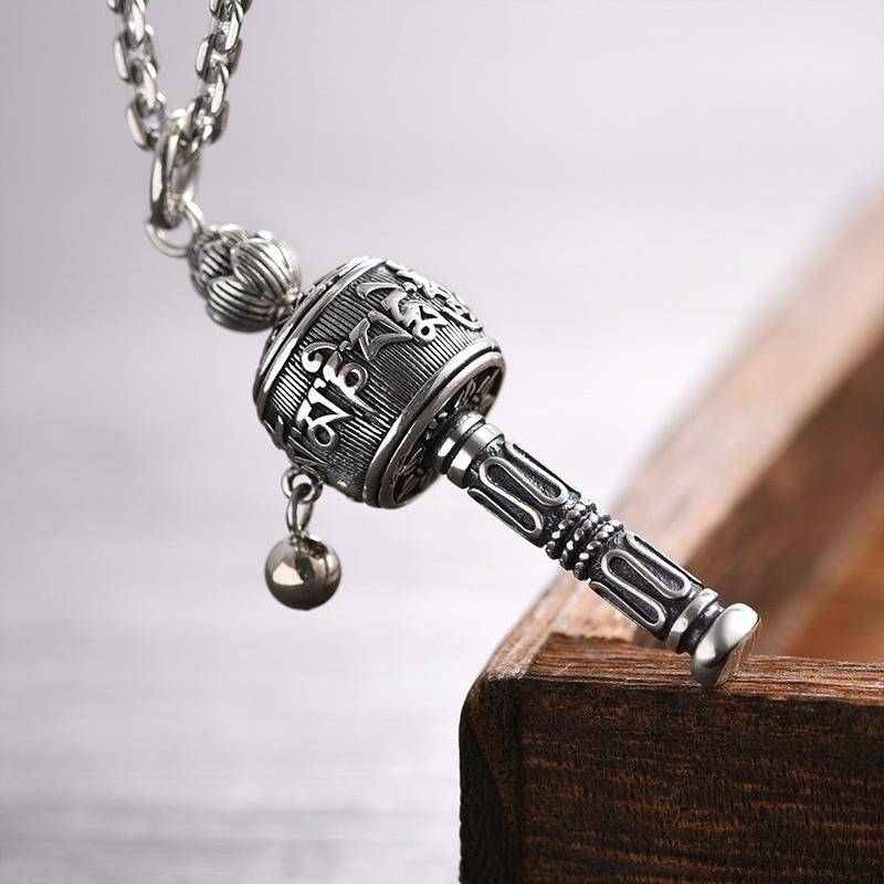 Vintage Buddha Scriptures Roterbar Cylinder Hänge Män Smycken Retro 925 Silver Chain Halsband Hane Sex-tecken Sutra Amulet white