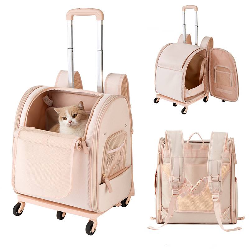 Foldable Waterproof Oxford Fabric Pet Trolley Bag for Cats and Small Dogs Portable Rolling Luggage Carrier Backpack for Pets