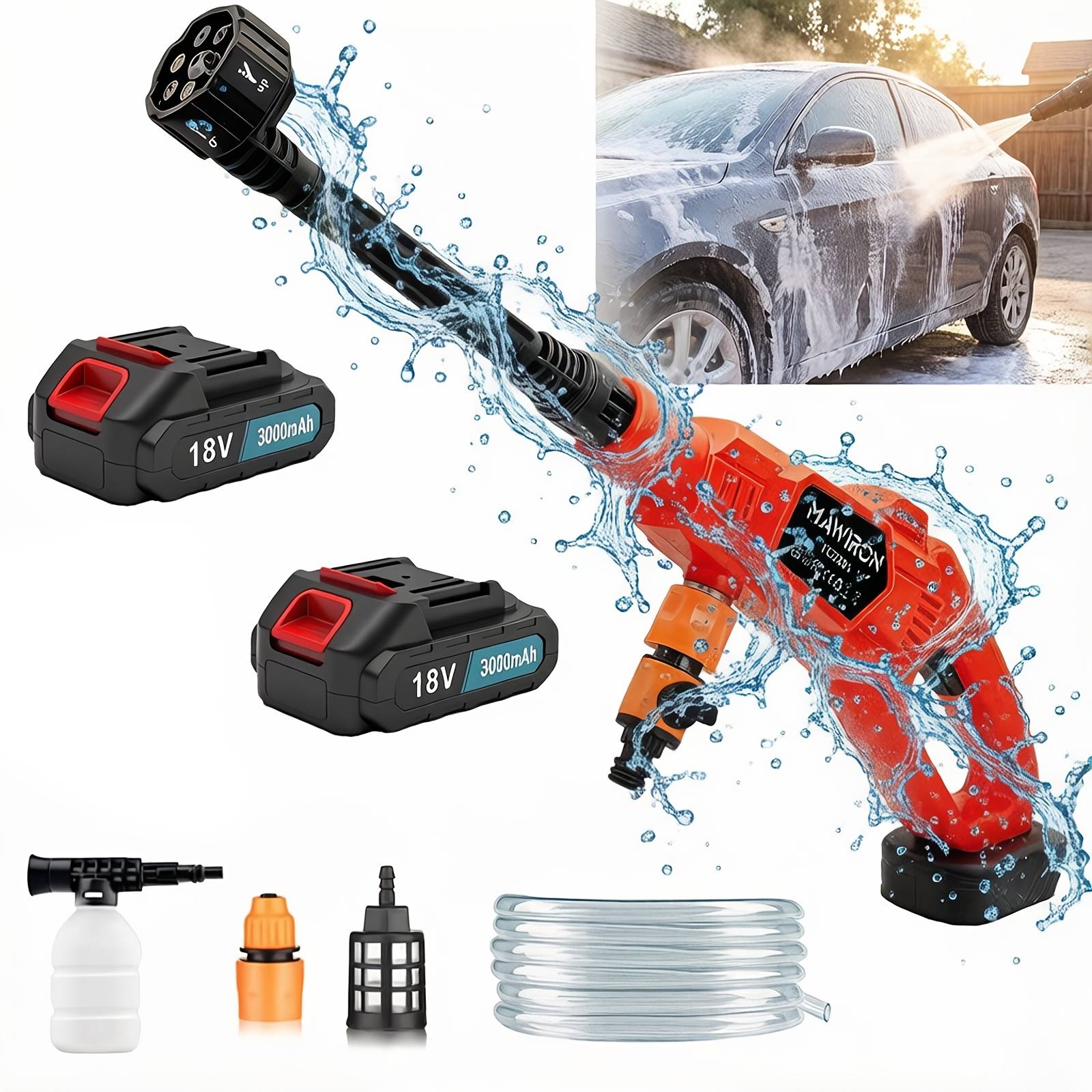 450w Cordless Car Power Washer With 2x Batteries& Fast Charger, 500 Psi Cordless Pressure Washer, Battery Pressure Washer With 5m Hose, 6in 1 Nozzle For Car Cleaning