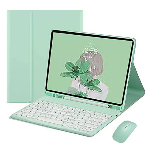 QYiiD Tangentbordsfodral med mus för Galaxy Tab S8/Tab S7 11 tum (modell SM-X700/X706/T870/T875/T876), gulligt runt tangentfärgat tangentbord trådlöst magnetiskt tangentbord och mus med S-pennhållare, grön