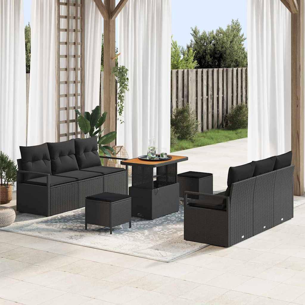 Havesofa Sæt 9 stk. Sort polyrattan