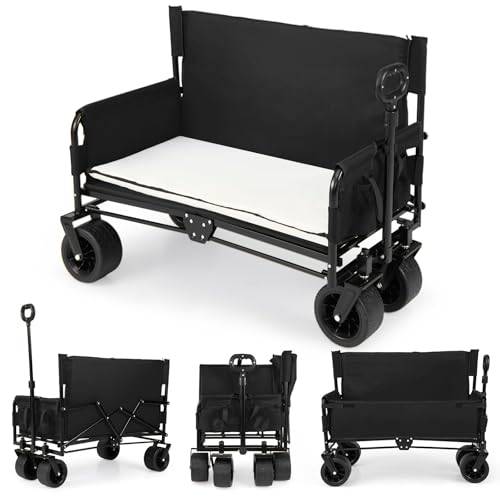 COSTWAY 2-i-1 rullvagn, vikbar, med sittbänk, strandvagn med justerbart handtag, kudde och sidofickor, handvagn, lastkapacitet upp till 80 kg, trädgårdsvagn, transportvagn för camping, shopping (svart