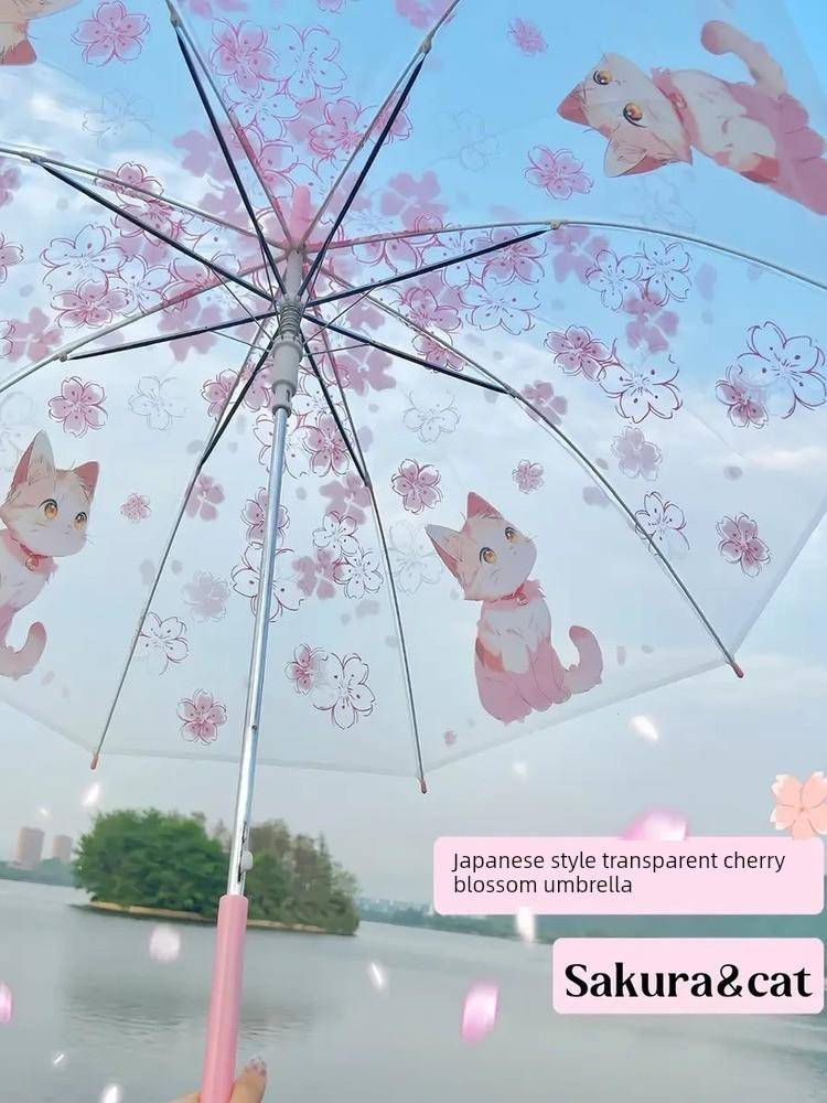 Sakura Katt Helt Automatisk Vikbar Genomskinlig Paraply Tecknad Student Söt Ins Enkel Högvärdig Tjej cm transparent