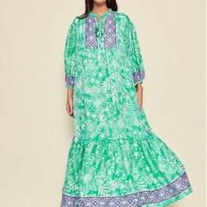Long Printed Dress With All-Over Floral Prints, Bohemian Conservative Ruffles, Tassels, Front Buttons - Lime Green - one-size