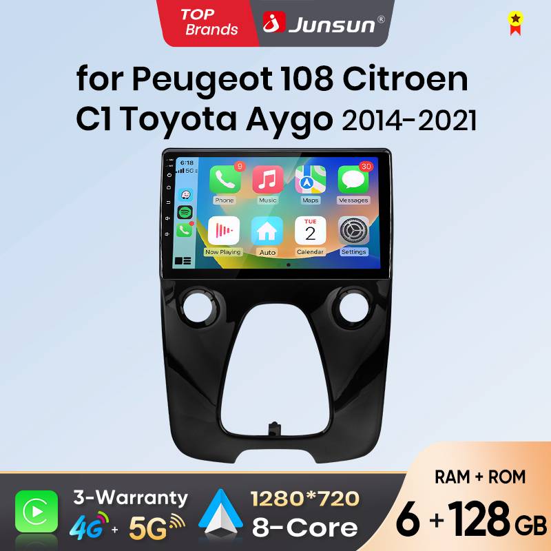 Junsun Android Auto Car Radio for Peugeot 108 Citroen C1 Toyota Aygo Mk2 2014 2015-2021 Multimedia Wireless Apple Carplay Smart Intelligent Systems Ips Touch Screen Stereo Video Player 2 Din Autoradio
