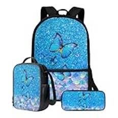 Poceacles Bokväska för pojkar 10-12 skolryggsäck för barn 3 st bokväska med pennfodral, 17 tums lätt laptop-ryggsäck, Glitter fjäril fiskfjäll, En storlek