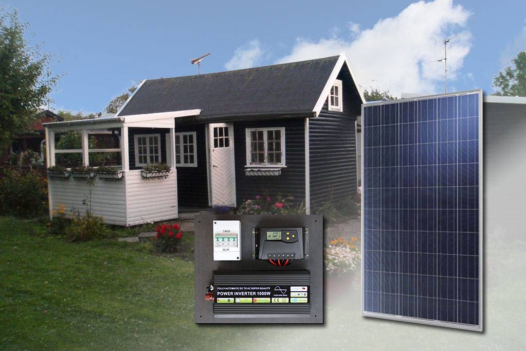Solcelleanlæg 200W/12V med batteri og 300W inverter MED Skinner & tagskruer