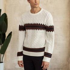 Herrtröja med rund hals och geometriskt mönster, lös stickning, avslappnad stil - Vitt (L,M,S,XL)