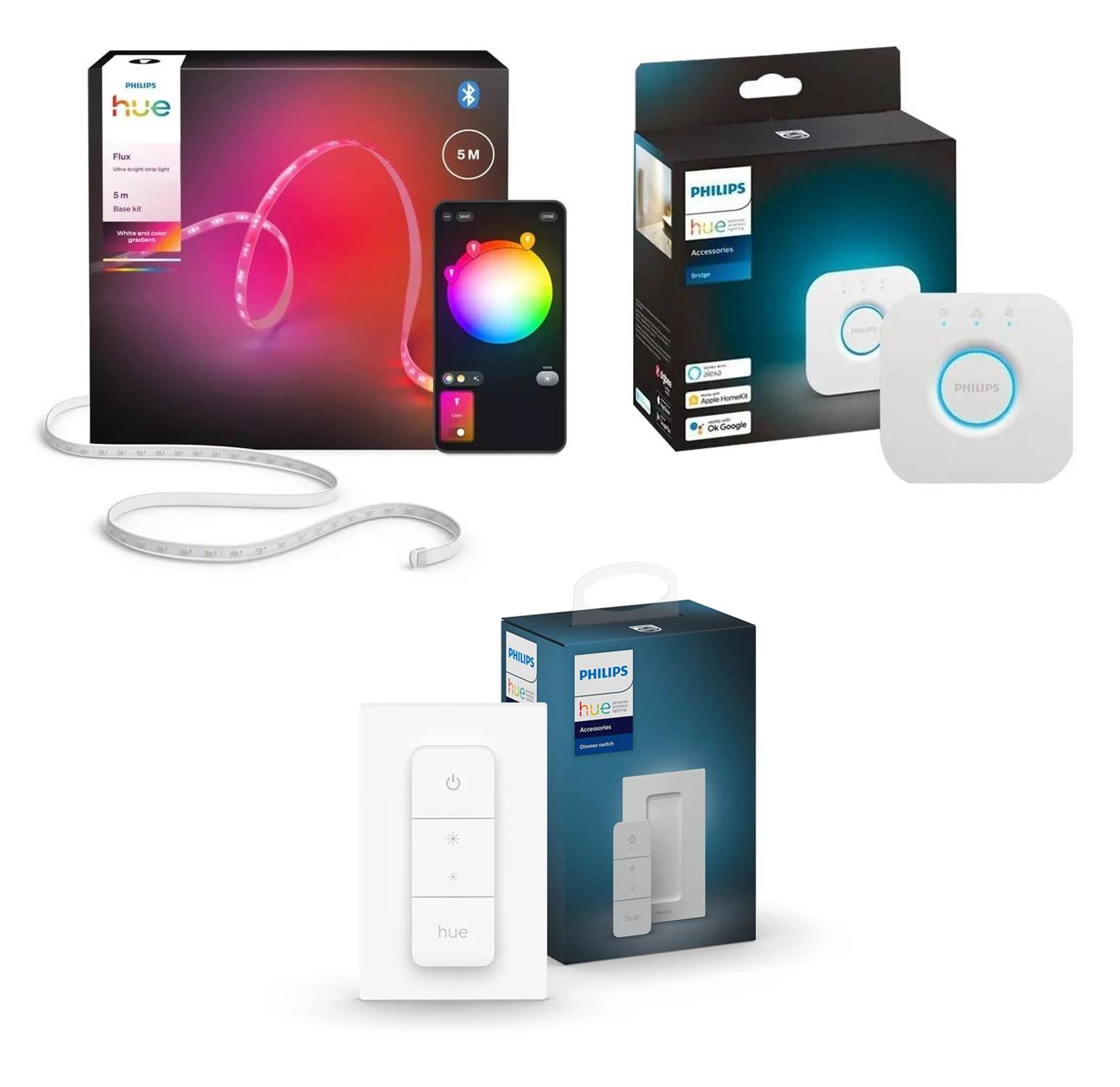 Philips Hue Flux Ultra-Bright Lightstrip 5m + Bridge 2.1 + Dimmer Switch – Komplet high-performance smart bundle - Fri fragt og klar til levering - Prismatch
