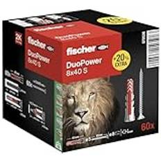 fischer - DuoPower 8x40 dubbelmaterial och multimaterial plugg med skruvar + 20% gratis extra innehåll/60 st låda