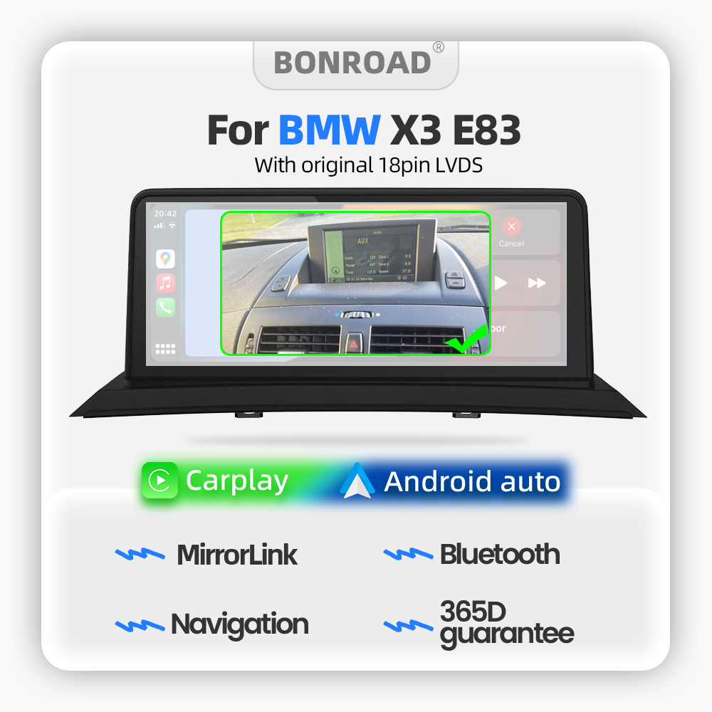 BONROAD Wireless CarPlay Android Auto Car Radio Multimedia Player Touch Screen For BMW X3 E83 With 18pin LVDS GPS Navigation