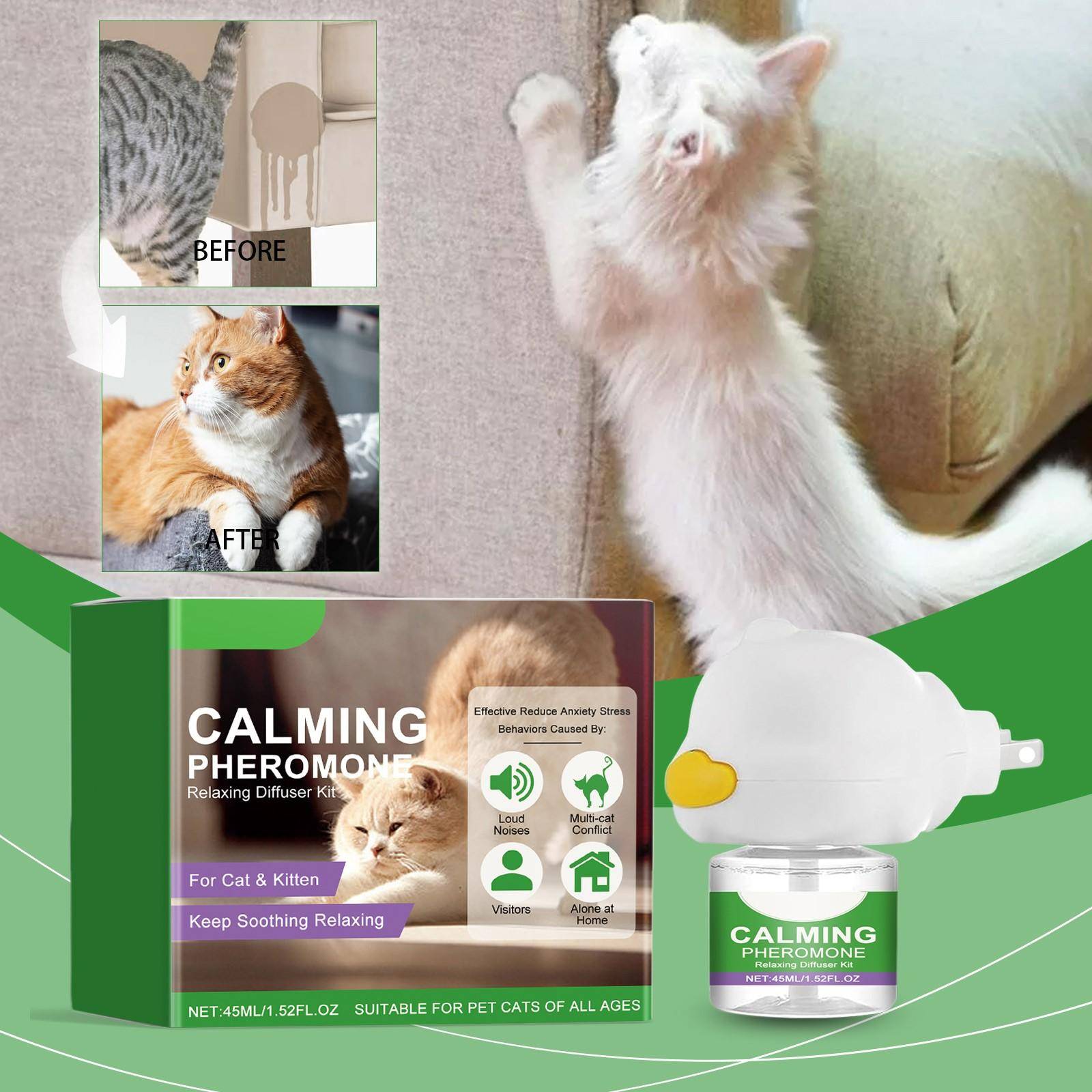 Cat Feromone Calming Diffuser, Cat Calming Diffuser Kit, lindrar effektivt ångest Stress lugnande utan irritation Skonsamma ingredienser, 45ML vit