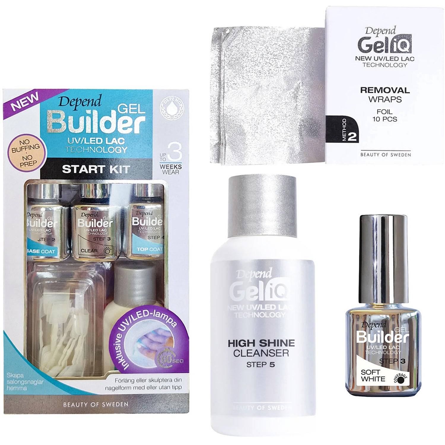 Depend Gel Manicure Complete Starter System Builder Kit, Remover Method, High Shine 35ml, Removal Wraps