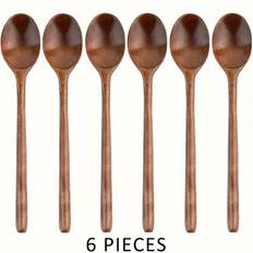 TEMU 6pcs 9in Wood Soup Spoons Perfect For Eating, Mixing & Stirring, Long Handle Spoon With Japanese Style Kitchen Utensil Eid Al-adha Mubarak