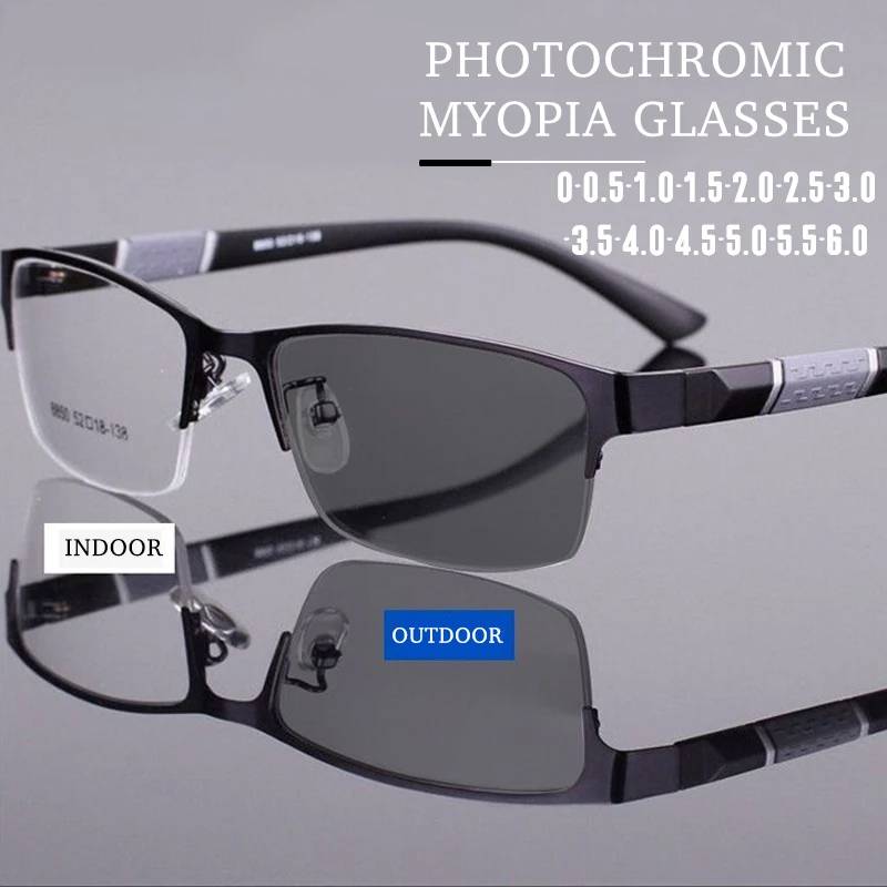Men's Vintage Business Photochromic Myopia Glasses Half Frame Metal Blue Light Blocking Eyewear Classic UV Shades -0.5~4.0x