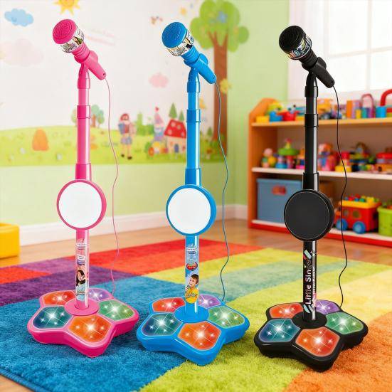 Barnmikrofonleksak med stativ Småbarn Pojkar Flickor Batteridriven Karaokemaskin med LED-ljus Musik Barn Stående Mikrofon Sjungande Musikleksak rosa