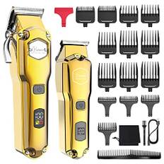 Hatteker Hårklippningsmaskin & hårtrimmer-sats för män skäggtrimmer skäggtrimmer IPX7 vattentät hårklippare T-blad hårsax professionell USB uppladdningsbar (guld)