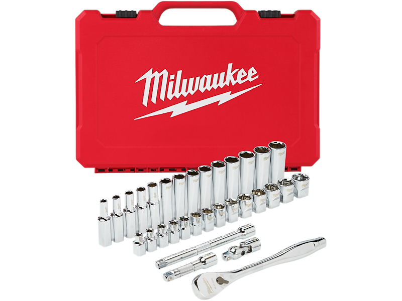 Milwaukee Topnøglesæt 3/8" 6-19mm alm. + lange toppe, 32 dele.