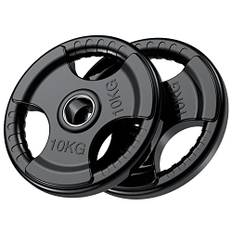 PhysKcal olympiska viktplattor, 2 x 10 kg med gummifinish, 5 cm öppning och tregrepp, svarta skivstänger för lyft- och styrketräning, solida gjutjärnskärnvikter set för skivstång