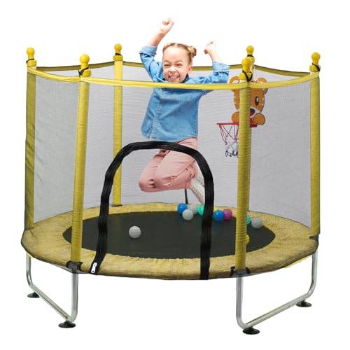 Trampolim elastisk barnsäng Criança 140 cm, utsida med skyddsnät, elastiska innersängar med basketkorg, studsmattor för barn 2–3 år (gul)